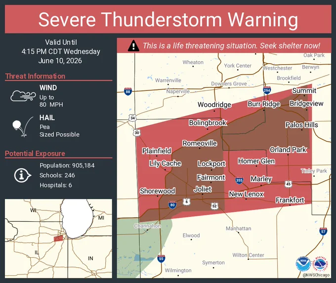 This graphic displays a severe thunderstorm warning plotted on a map. The warning is in effect until 4:15 PM CDT. The warning includes Joliet IL, Bolingbrook IL and Orland Park IL.  This warning is for Northwestern Will County in northeastern Illinois, Southeastern DuPage County in northeastern Illinois and Southwest Cook County in northeastern Illinois. The threats associated with this warning are wind gusts up to 80 MPH and pea sized hail. There are 905,184 people in the warning along with 246 schools and 6 hospitals.