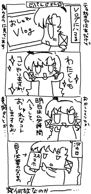タイトル「自分時間★」
１．Vlogにハマるサロメ。PCでおしゃれなVlogをニコニコで見ている。もともと好きではあったけど、最近鬼のように見ています。
２．わたくしもこれやりますわ！とやる気できらきらしているサロメ
３．明日は無駄時間減らして、おしゃれなことしますわよ！と意気込むサロメ。やる気あり。お菓子作りとか美術館とか本読むとか…✨
４．次の日。気の抜けた顔で、今見る必要のないスマホを、ただ、みている。
★なぜなのか……