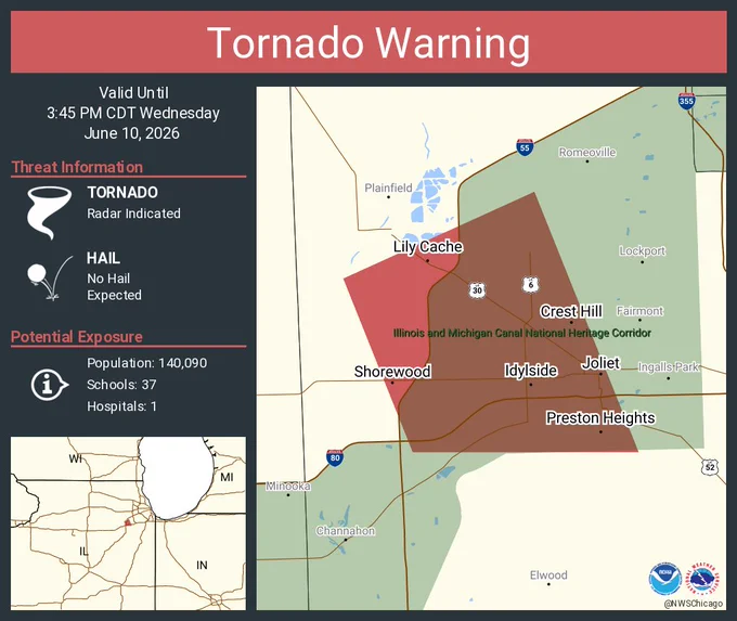 This graphic displays a tornado warning plotted on a map. The warning is in effect until 3:45 PM CDT. The warning includes Joliet IL, Crest Hill IL and Shorewood IL.  This warning is for Southeastern Kendall County Is Cancelled. The threats associated with this warning are a radar indicated tornado and no hail is expected. There are 140,090 people in the warning along with 37 schools and 1 hospital.