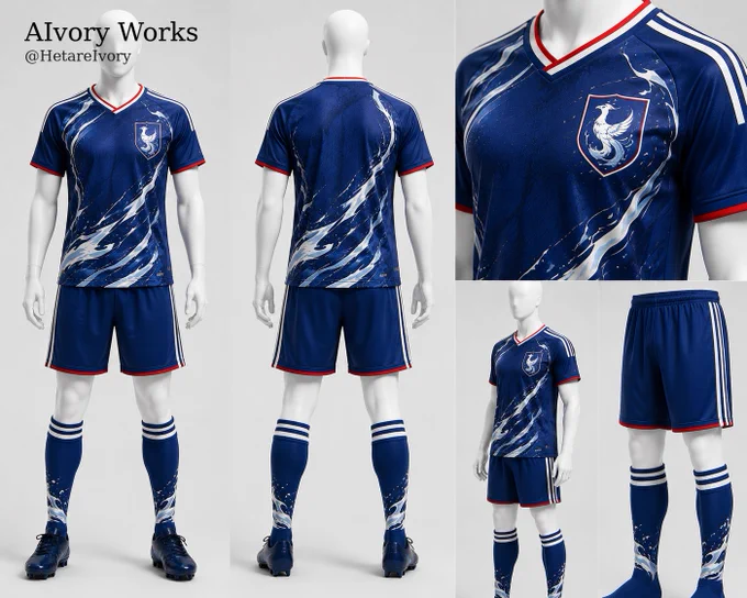 配布用ユニフォームデザイン。

日本カラーをイメージしたオリジナルサッカーキット。
深いブルーのジャージ、白い流線パターン、赤白のアクセントカラーを採用。
胸には創作エンブレムを配置。
公式ロゴや商標を使用しないオリジナルデザイン。