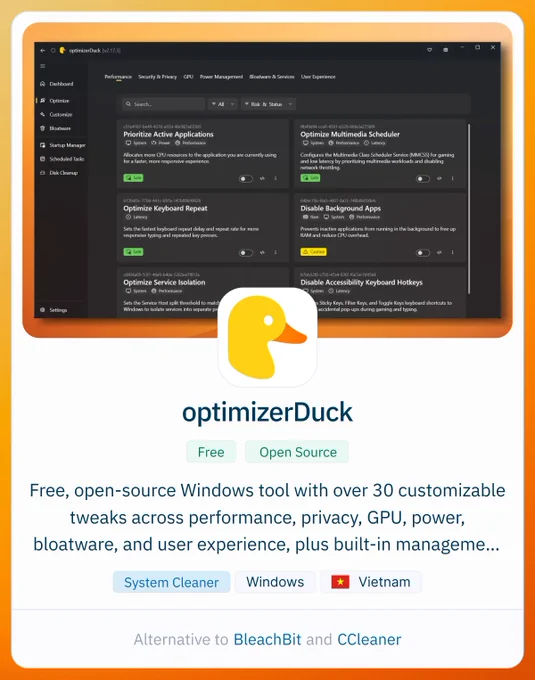 A dark-themed application interface displays various performance optimization options for Windows, featuring a duck logo and customization settings.
