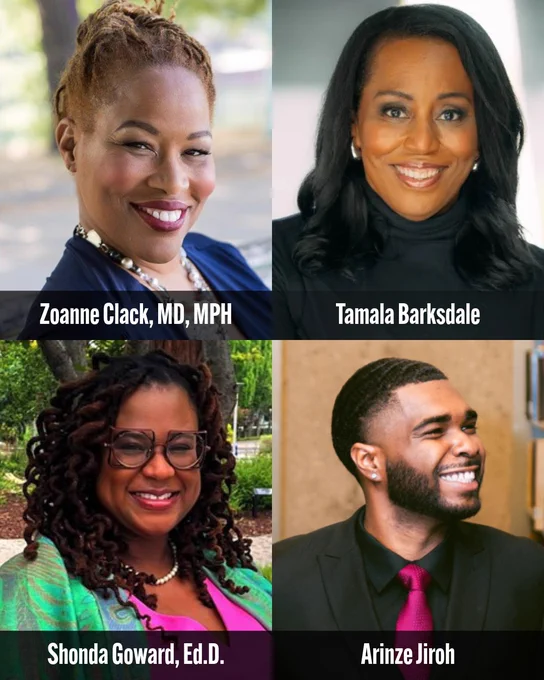 Four-panel graphic featuring headshots of CSU Juneteenth Symposium panelists Zoanne Clack, MD, MPH; Tamala Barksdale; Shonda Goward, Ed.D.; and Arinze Jiroh. Each panelist’s name appears in white text over a dark translucent banner.