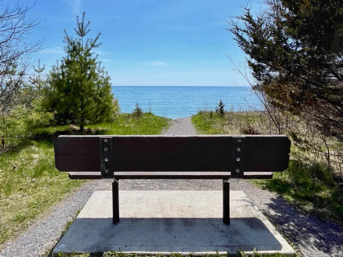 A wooden bench faces a scenic view of Lake Ontario under a bright sky, surrounded by greenery.