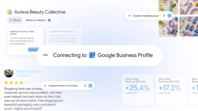 Google Gemini interface showing a connection to Google Business Profile for small business tools.
