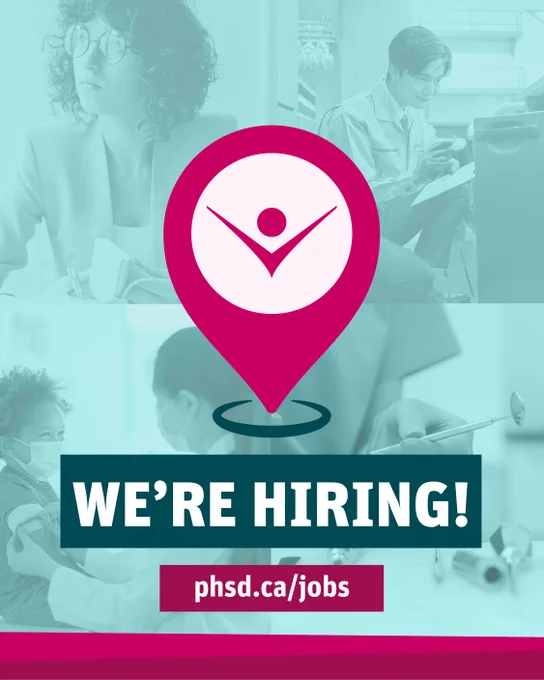 An administrative professional, inspector, immunizer, and dental hygienist with a map location marker with the Public Health Sudbury & Districts logo.

WE’RE HIRING!
phsd.ca/jobs
