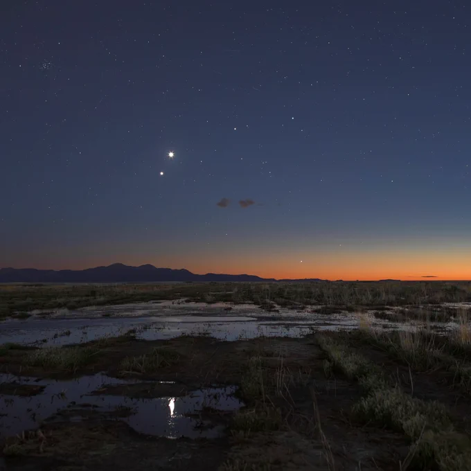 Jupiter and Venus appear as a pair of bright "stars" in the late evening sky. Their light is reflected in the waters of a marsh. Photo: NASA/Bill Dunford