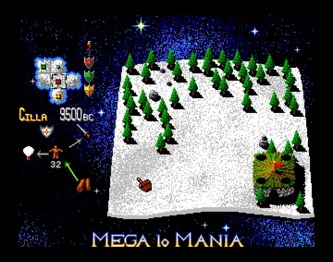 A pixelated map features trees, rocks, and a vibrant terrain with game stats like resources and a timeline marker for 9500 BC.