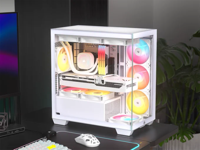 An image of a white CORSAIR 2800X case with multiple color components. 