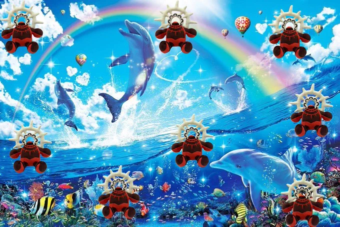 Meme of a beautiful day, with a bright blue ocean, a rainbow, and happy dolphins splashing. Occupant Plushies decorate the image. 