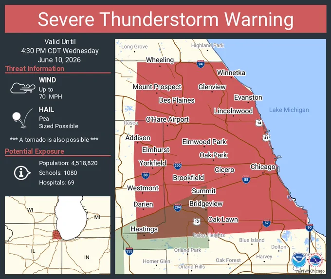This graphic displays a severe thunderstorm warning plotted on a map. The warning is in effect until 4:30 PM CDT. The warning includes Chicago IL, Cicero IL and Arlington Heights IL.  This warning is for Eastern Lake County Is Cancelled. The threats associated with this warning are wind gusts up to 70 MPH and pea sized hail. There are 4,518,820 people in the warning along with 1080 schools and 69 hospitals.