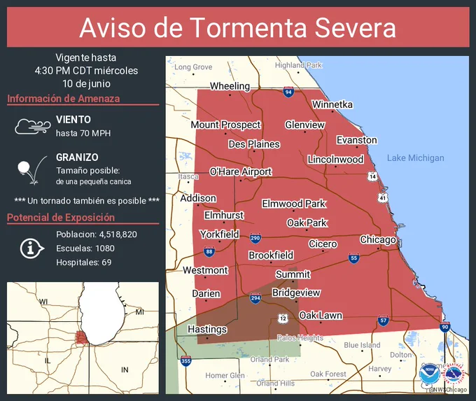 Este gráfico muestra la localización en el mapa de un aviso de tormenta severa. El aviso estará en efecto hasta las 4:30 PM CDT. El aviso incluye a Chicago IL, Cicero IL, Arlington Heights IL. El aviso incluye el este del condado de Lake Is Cancelled. Las amenazas asociadas a este aviso son: ráfagas de viento de 70 MPH y granizo del tamaño de una pequeña canica. Hay 4,518,820 personas bajo este aviso incluyendo 1080 escuelas y 69 hospitales.