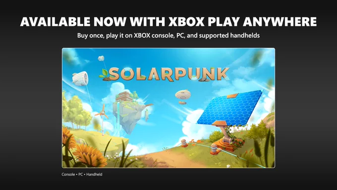 Promotional banner for Solarpunk announcing XBOX Play Anywhere support.