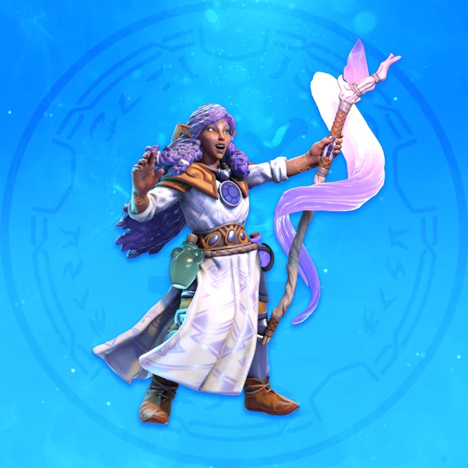 A blue background with a purple haired explorer at the center holding a magic staff in their right hand and casting a spell with it. 