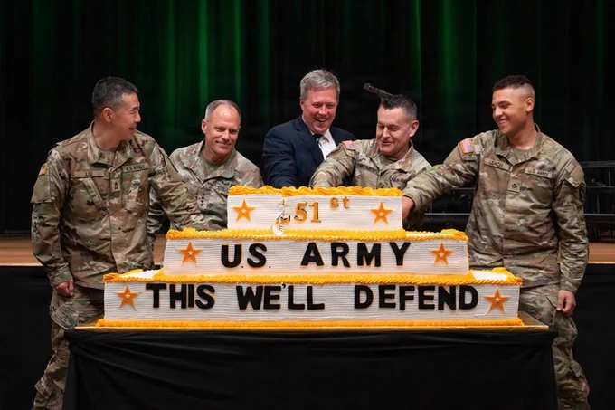 Secretary of the Army Dan Driscoll, Vice Chief of Staff Gen. Christopher LaNeve, and Sgt. Maj. of the Army Michael Weimer cut the official Army Birthday cake at the Pentagon today. \n