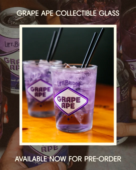 A promotional image showcasing the Grape Ape collectible glass filled with a purple drink on a wooden table. The mood is enticing and vibrant.