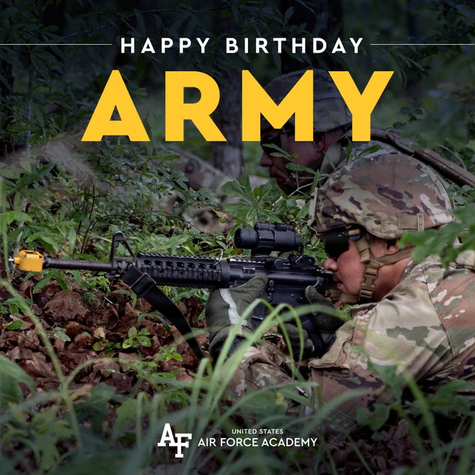 A Happy Birthday graphic for the United States Army - a Soldier aiming a gun in brush.