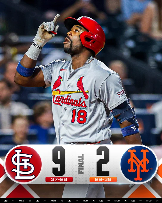 Final Score Graphic
St. Louis Cardinals 9 (37-28) - New York Mets 2 (29-38)
Pictured: Jordan Walker points to the sky in celebration. He wears a gray Cardinals uniform with a red batting helmet.