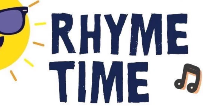 White slide with an orange cartoon like sun wearing sunglasses in the top left-hand corner. The words Rhyme Time in dark blue with two eighth notes at the end.