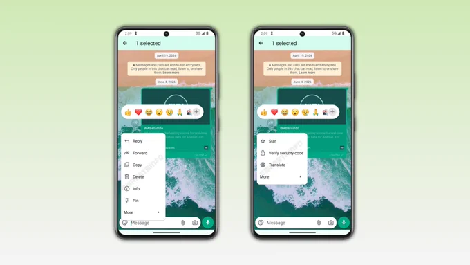 The image shows a redesigned message menu in WhatsApp beta for Android.