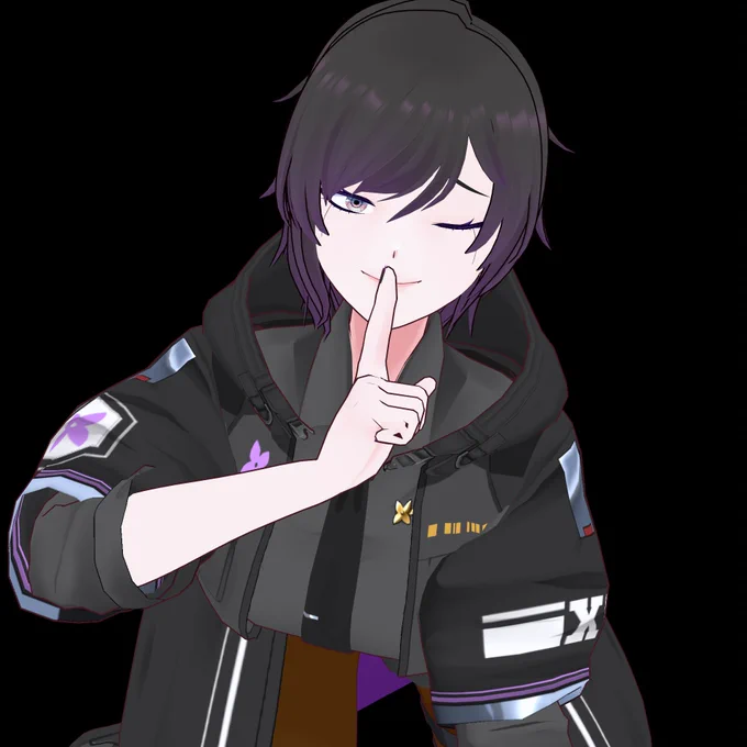 Juni spectra winking while holding a finger to her lips.