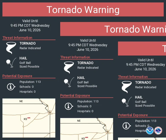 This graphic displays a tornado warning plotted on a map. The warning is in effect until 9:45 PM CDT. The warning includes Burdick KS.  This warning is for Southwestern Morris County. The threats associated with this warning are a radar indicated tornado and golf ball sized hail. There are 113 people in the warning along with 0 schools and 0 hospitals.