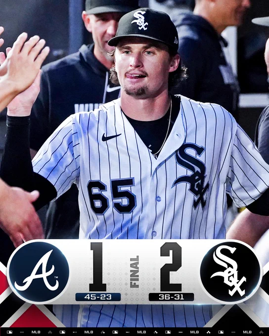 Final Score Graphic: 6/10/26
Atlanta Braves 1 (45-23), Chicago White Sox 2 (36-31)
Pictured: Davis Martin high-fives teammates in the dugout. He wears a home white Chicago White Sox uniform with black pinstripes and a black cap.