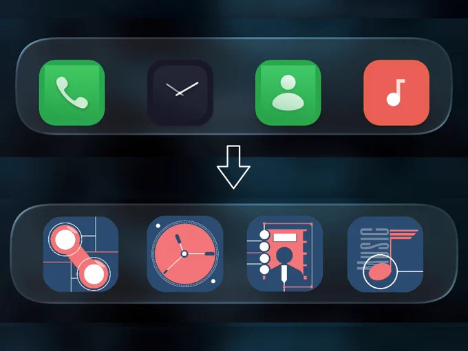 Side-by-Side Comparison of Original and Abstract Circuit Handcrafted Icons for Phone, Clock, Contacts, and Music Apps (iOS & Android)
