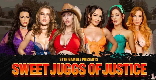 Sweet Juggs of Justice premieres on Wicked from director Seth Gamble starring Angel Youngs, Octavia Red, Rissa May, Vanna Bardot, Elizabeth Skylar, Sophia Locke with Dick Chibbles, Lucas Frost, Small Hands, Victor Ray and Robby Apples as featured on Porn Corporation.