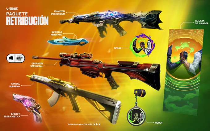 Gráfico promocional del paquete Retribución de VALORANT, con un fondo vívido en tonos naranja, amarillo y verde. La imagen muestra una selección de diseños favoritos de la comunidad: Phantom Primordium, Operator Sepulcral, Vandal Supremo, Sheriff Flora Mística y Cuchillo Xerøfang. También incluye contenido exclusivo del paquete: un spray, un gun buddy y una tarjeta de jugador en la que aparecen las manos de Chamber y Viper dándose un apretón.