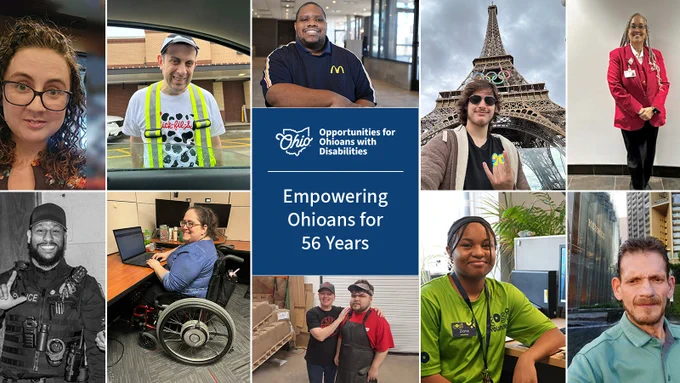 Lindsey McClay, Tom La Spina, Wesley Arnett, Devan Beadle, Ruby Gibbons, Carl DeForest, Megan Newsome, Trey Prentice with a peer, Ziona Reed, and Brenden Marcum. Text, "Empowering Ohioans for 56 years." OOD logo.