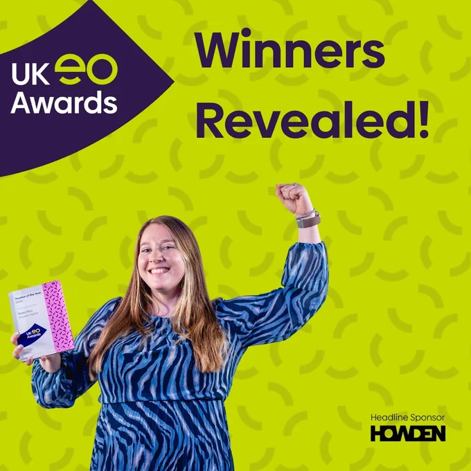 A woman with long blonde hair holding a business award. Her other hand is raised in the air in celebration. The text 'Winners Revealed!' is in the top right corner opposite the logo for the UK EO Awards.