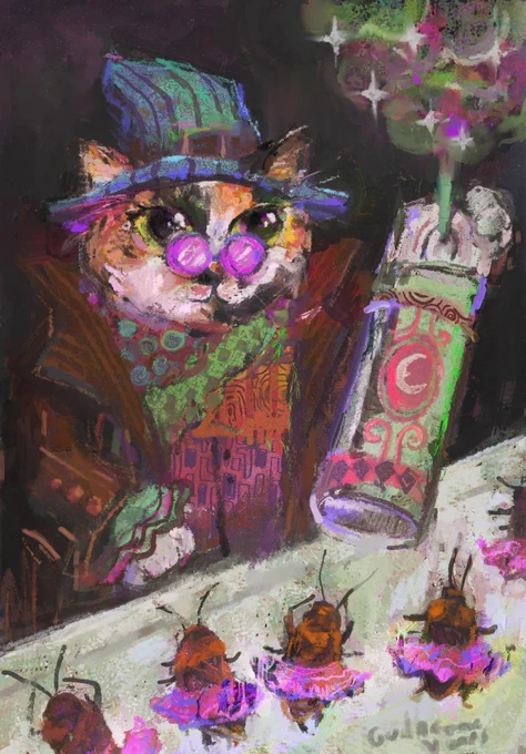 A painting of a calico cat in a winter outfit and a witch's outfit spraying insecticide with cockroaches celebrating while dancing ballet in a tutu.