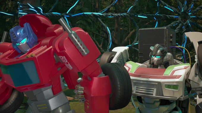 Wheeljack grabs Optimus Prime by the arm in the Jungle Region - surrounded by Airachnid's distinctive webs on Transformers: CYBERWORLD.
