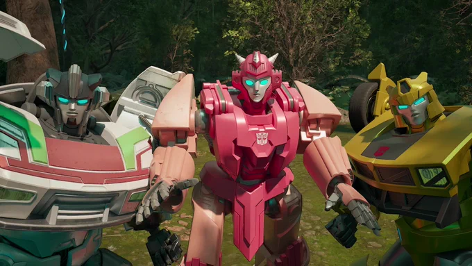 Wheeljack, Eita-1 and Bumblebee look shocked by something off camera. Stood wide-eyed in the jungle on Transformers: CYBERWORLD.