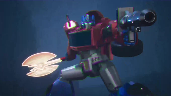 Optimus Prime brandishes his Ion Blaster and axe in a hazy image of battle from Transformers: CYBERWORLD.