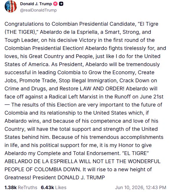 Captura de pantalla de la cuenta del presidente Trump en Truth Social.