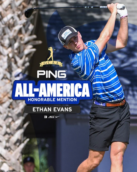 Graphic that highlights Ethan Evans as he received PING/Golf Coaches Association of America All-America - Honorable Mention honors. 