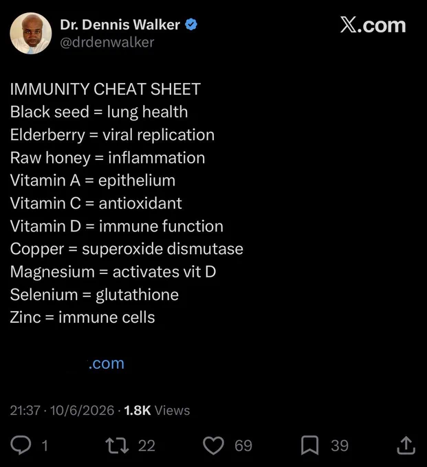 Dr. Dennis Walker
@drdenwalker

IMMUNITY CHEAT SHEET
Black seed = lung health
Elderberry = viral replication
Raw honey = inflammation
Vitamin A = epithelium
Vitamin C = antioxidant
Vitamin D = immune function
Copper = superoxide dismutase
Magnesium = activates vit D
Selenium = glutathione
Zinc = immune cells

21:37 • 10/6/2026 • 1.8K Views