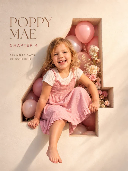 Professional luxury birthday poster, 3:4 ratio. Entire frame filled with a premium off white luxury paper textured wall. Large number “4” precisely carved in the wall with visible depth and realistic inner shadows. Inside the number: soft pink and pink balloons, subtle white and pink, elegant bouquet arrangement, premium celebration styling. A happy 4 year old child with preserved reference facial features, wearing a milky white T shirt and pink summery dress, laughing naturally. Face, shoulder, one hand and one foot extend outside the number creating a realistic 3D effect. Warm cinematic sunlight from one side, soft rim light, photorealistic skin, premium studio photography, ultra realistic, sharp focus. Typography on wall: POPPY MAE, CHAPTER 4, 365 MORE DAYS OF SUNSHINE. Clean minimalist layout, luxury magazine cover aesthetic, high end art direction, realistic shadows, natural colors, no tree shadows, no fake lighting, no AI artifacts.