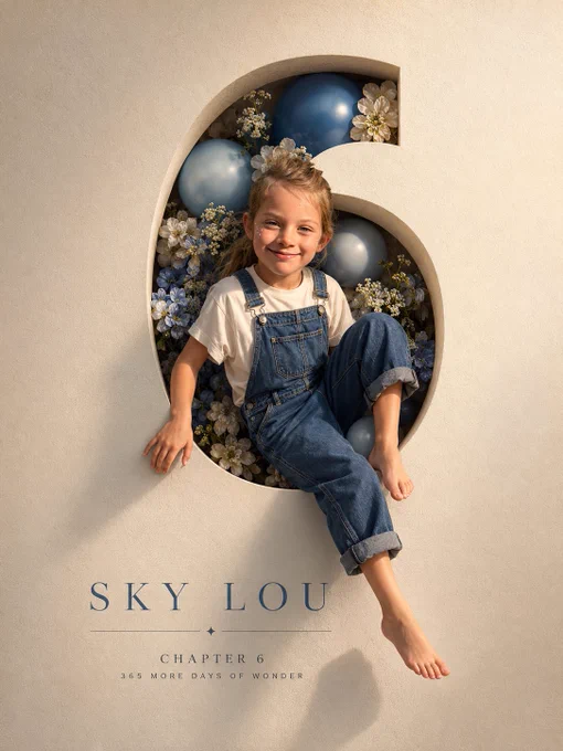 Professional luxury birthday poster, 3:4 ratio. Entire frame filled with a premium off white luxury paper textured wall. Large number “6” precisely carved in the wall with visible depth and realistic inner shadows. Inside the number: soft blue and blue balloons, subtle white flowers, elegant bouquet arrangement, premium celebration styling. A happy 6 year old child with preserved reference facial features, wearing a milky white T shirt and dark denim overalls, laughing naturally. Face, shoulder, one hand and one foot extend outside the number creating a realistic 3D effect. Warm cinematic sunlight from one side, soft rim light, photorealistic skin, premium studio photography, ultra realistic, sharp focus. Typography on wall: SKY LOU, CHAPTER 6, 365 MORE DAYS OF WONDER. Clean minimalist layout, luxury magazine cover aesthetic, high end art direction, realistic shadows, natural colors, no tree shadows, no fake lighting, no AI artifacts.