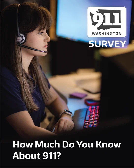 Photo of dispatcher wearing a headset and sitting at a computer keyboard. Text reads, "How much do you know about 911? 911 Washington Survey."