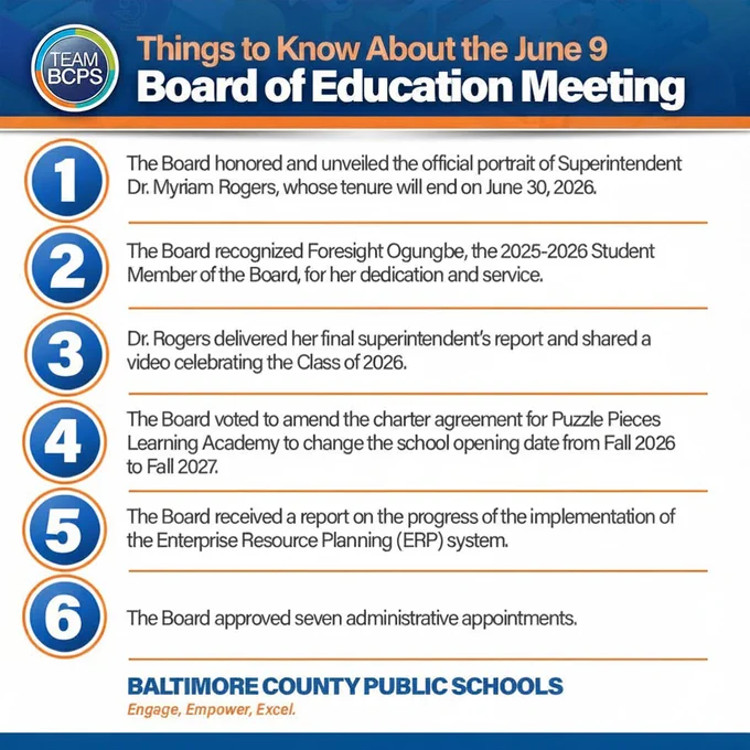 Summary of the June 9 Board of Education meeting including superintendent portrait unveiling and student member recognition.