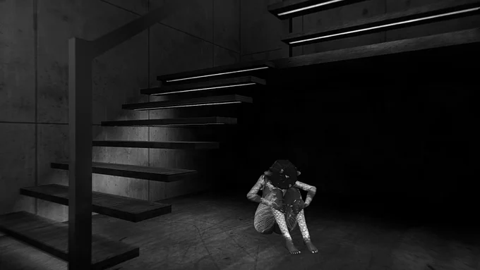 Tayuki, in the form of an otter kemonomimi, sits at the bottom of a stairwell. The jutting stairwell is the only feature against straight, grey slabs of wall that go up impossibly high. She hugs her legs, head resting against her knees.

She is alone, at the bottom.