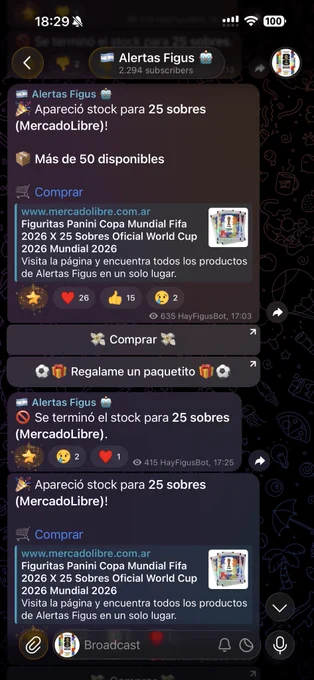 Canal de telegram de Alertas Figus avisando stock disponible de figuritas en los canales de venta de Panini Argentina oficiales.