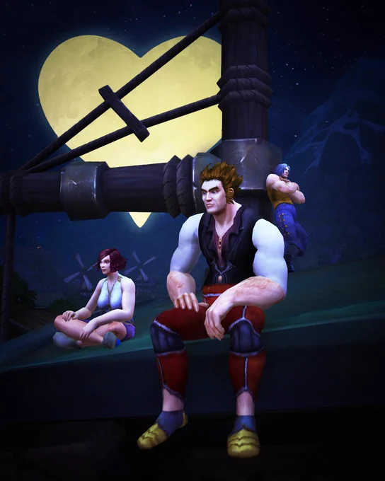 There are three humans sitting on top of a roof top. To the front is a man in a white shirt, a black vest, red trousers, and big yellow boots. To the left of him is a woman with short hair, a white tank top and a pink shirt. Behind the two of them, leaning against a pillar is a man with silver hair in a yellow shirt and long blue trousers. The image is set in darkness, with a curious, heart-shaped moon in the background. A moment\u2019s reprieve before the battle picks up again. Maybe there\u2019s a star-shaped fruit somewhere?