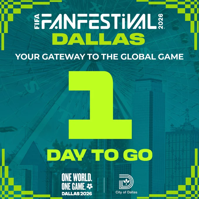 Countdown showing 1 day left for FIFA Fan Festival 2026 in Dallas with city skyline and Ferris wheel background.
