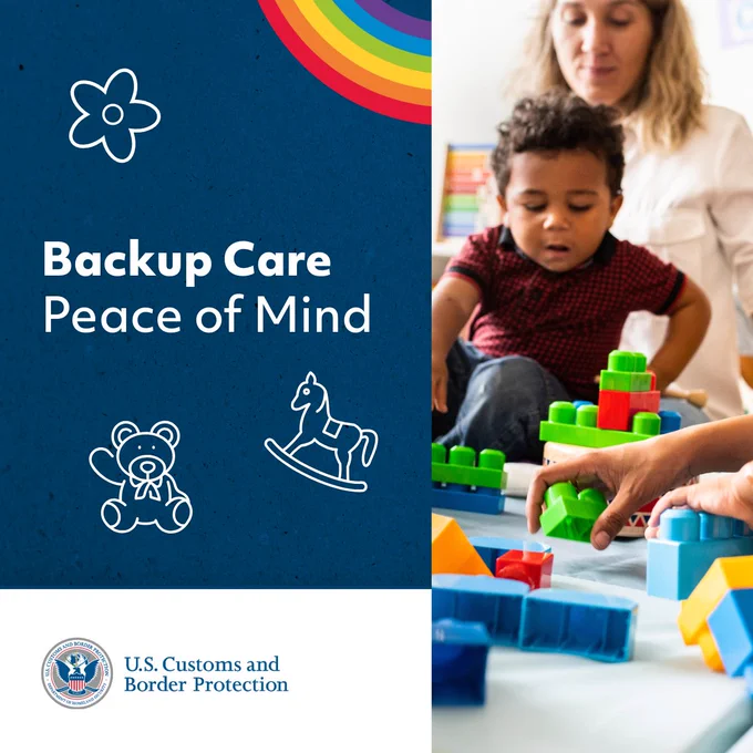 Child playing with colorful building blocks while an adult supervises at day care. Backup Care, Peace of Mind.