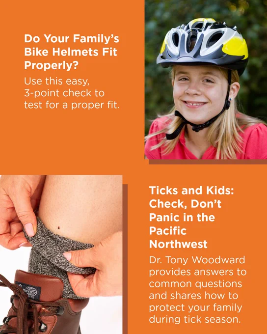 This image contains two sections. The top section has an orange background with text discussing a 3-point check for proper bike helmet fit, accompanied by a smiling person wearing a helmet. The bottom section features text on a yellow background about protecting families from ticks, with a photo of a person checking their sock for ticks.
