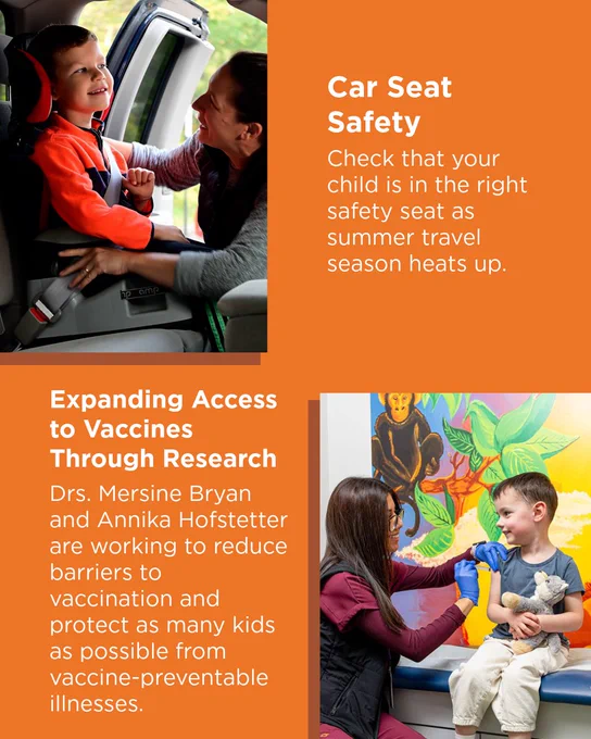 Sure! Here's a succinct alt text for the image:

"Image with two upper sections and one lower section. Upper left: An adult secures a child into a car seat inside a vehicle. Upper right: Text about car seat safety. Lower section: Two children interact, one receiving a medical check. Text discusses Drs. Mersine Bryan and Annika Hofstetter's vaccine research efforts."