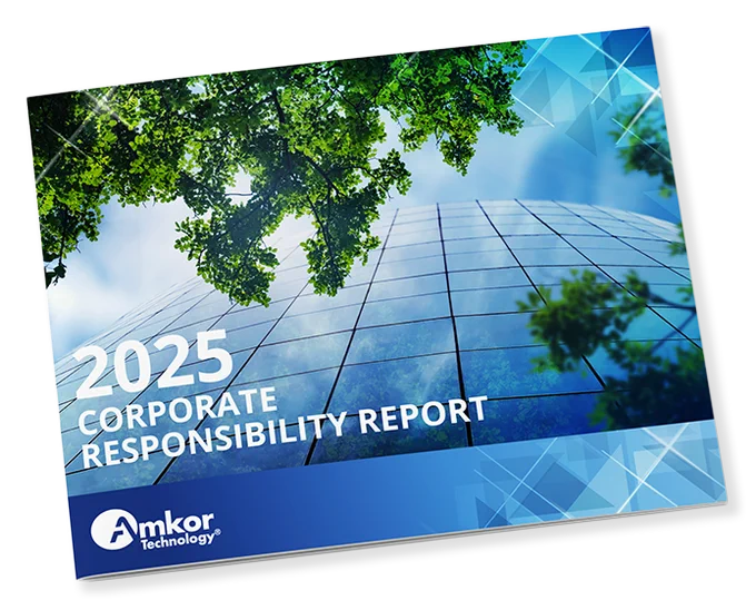 Cover of the 2025 Amkor Technology Corporate Responsibility Report. The design features a tall glass building reflecting blue sky and green tree branches.